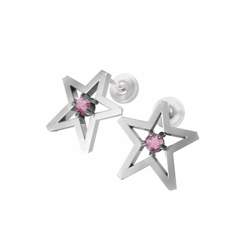 プラチナ900 ピンクトルマリン 10月の誕生石 一粒石 ピアス 中サイズ スターの画像