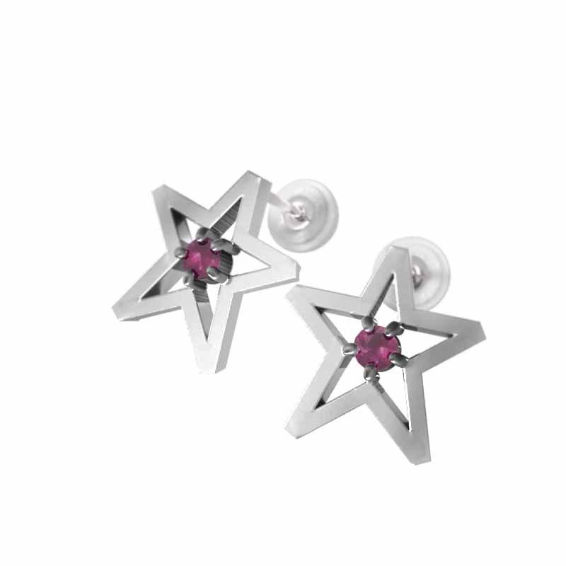 スター ルビー プラチナ900 ジュエリーピアス 中サイズ 一粒石 7月誕生石の画像