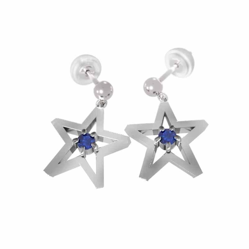 ペアピアス 一粒石 スター ジュエリー サファイヤ 9月誕生石 18金ホワイトゴールド キャッチ付き 中サイズ