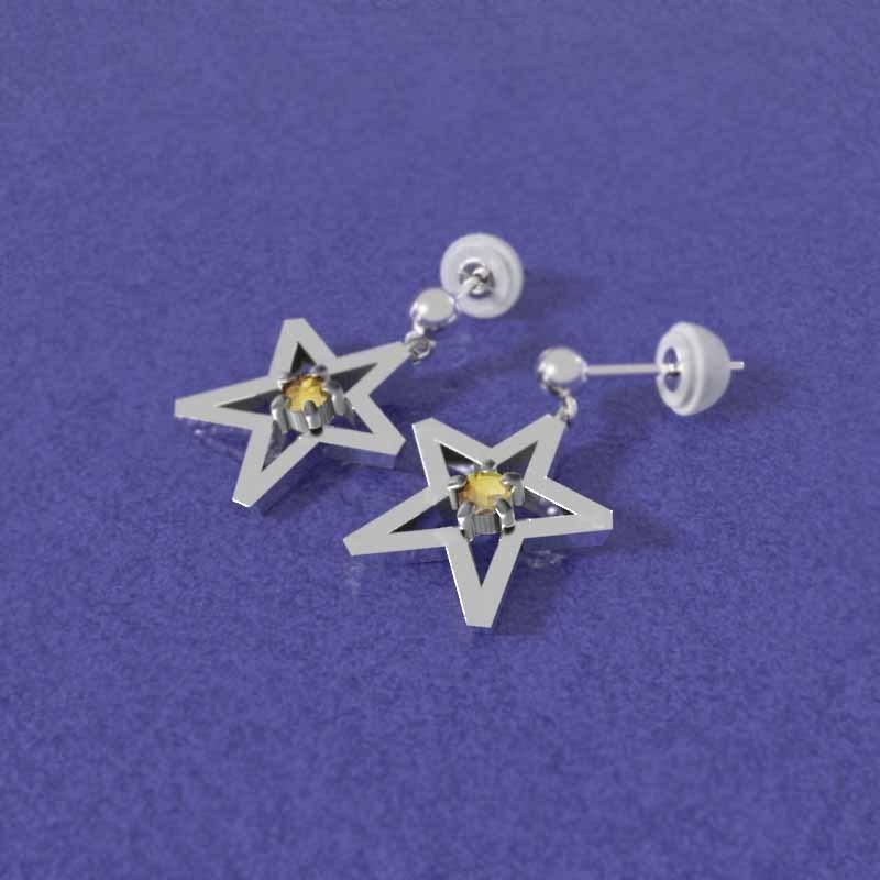 シトリン 中サイズ スター 一粒石 11月の誕生石 ピアス k18ホワイトゴールドの画像