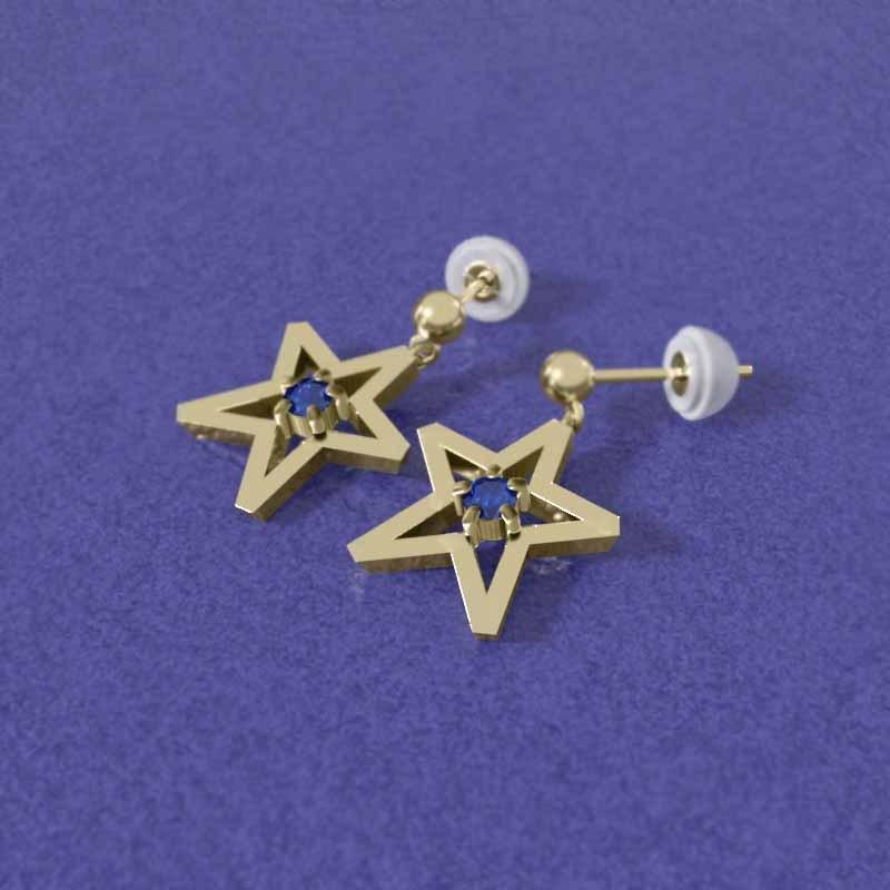 スター ピアス 一粒石 18金イエローゴールド 9月誕生石 サファイア(青) 中サイズの画像