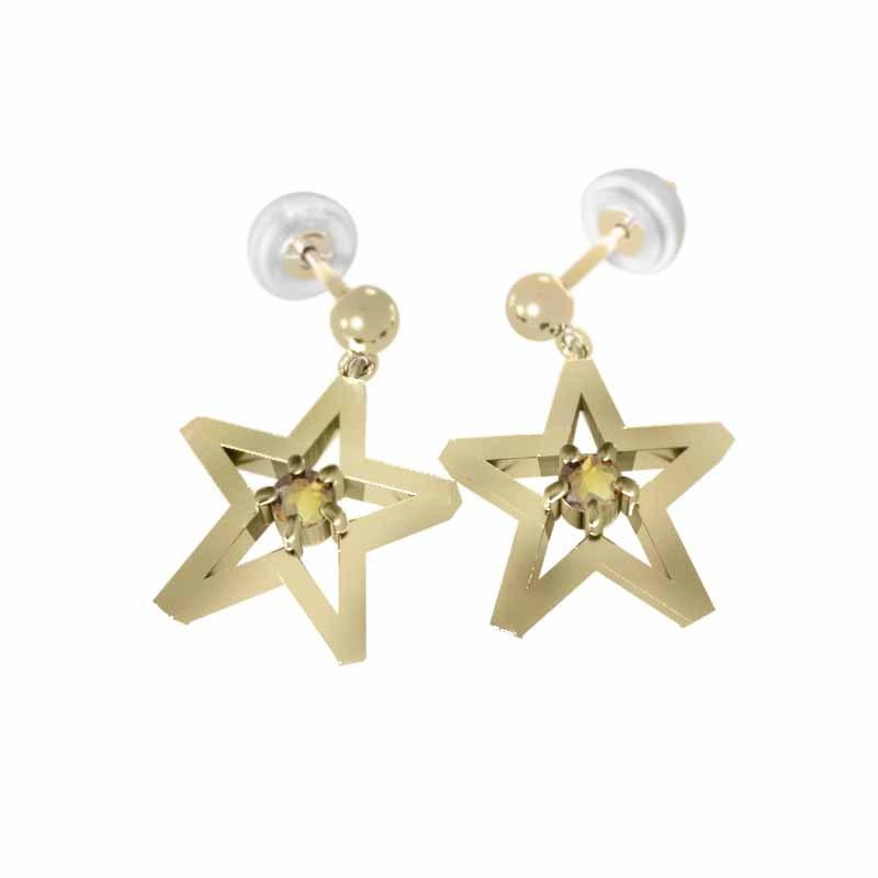 ピアス シトリン(黄水晶) 11月の誕生石 中サイズ 一粒石 k18イエローゴールド スターの画像