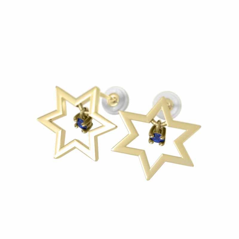 小サイズ サファイア(青) 9月の誕生石 ピアス 一粒石 六芒星 スター 18金イエローゴールドの画像