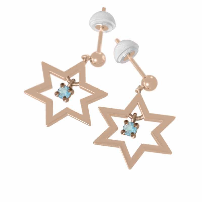 スター 一粒石 ブルートパーズ(青) 六芒星 小サイズ 18金ピンクゴールド 11月誕生石 ピアスの画像