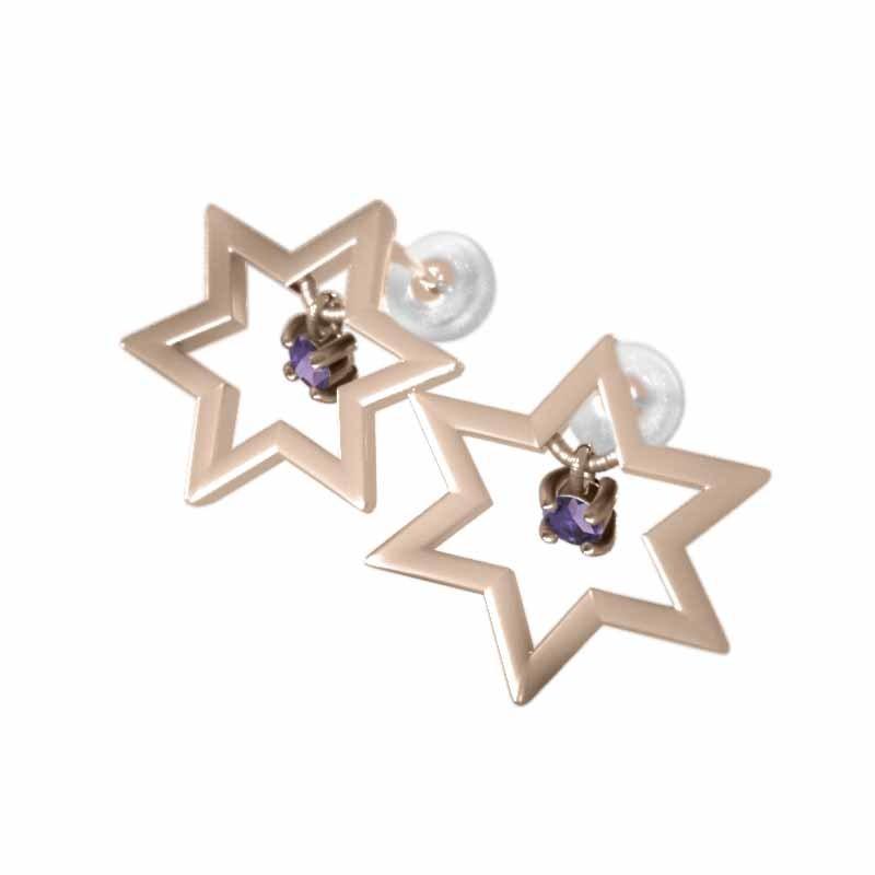 六芒星 18金ピンクゴールド ピアス 中サイズ 一粒石 アメジスト(紫水晶) 2月の誕生石 スターの画像