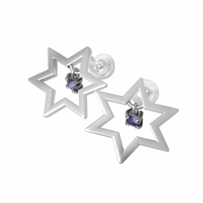 2月の誕生石 六芒星 スター ジュエリーピアス アメジスト k18ホワイトゴールド 一粒石 中サイズの画像