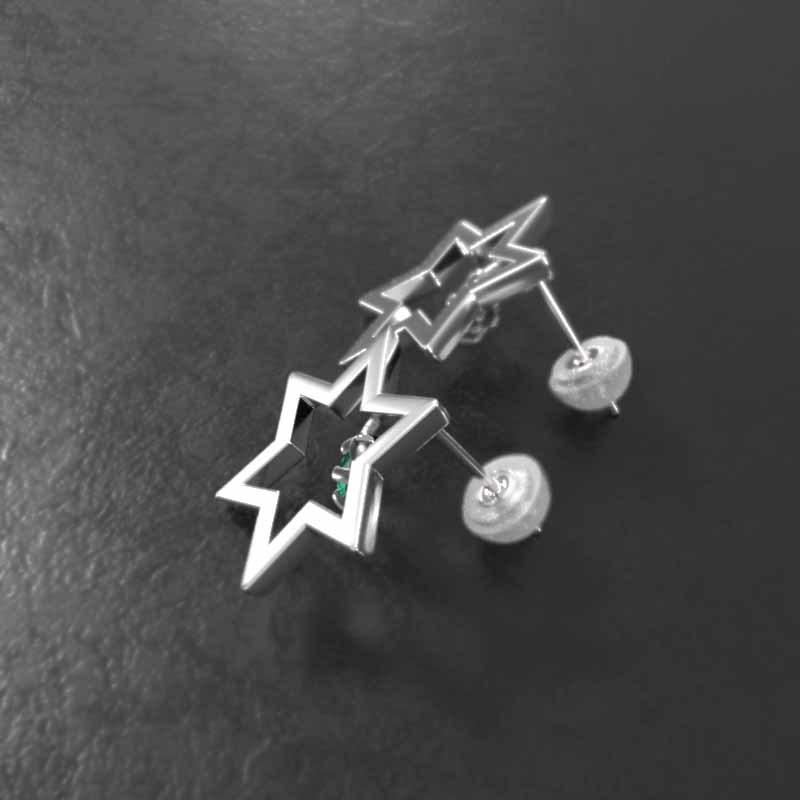 スター 5月の誕生石 エメラルド ピアス 六芒星 k18ホワイトゴールド 中サイズ 一粒石の画像