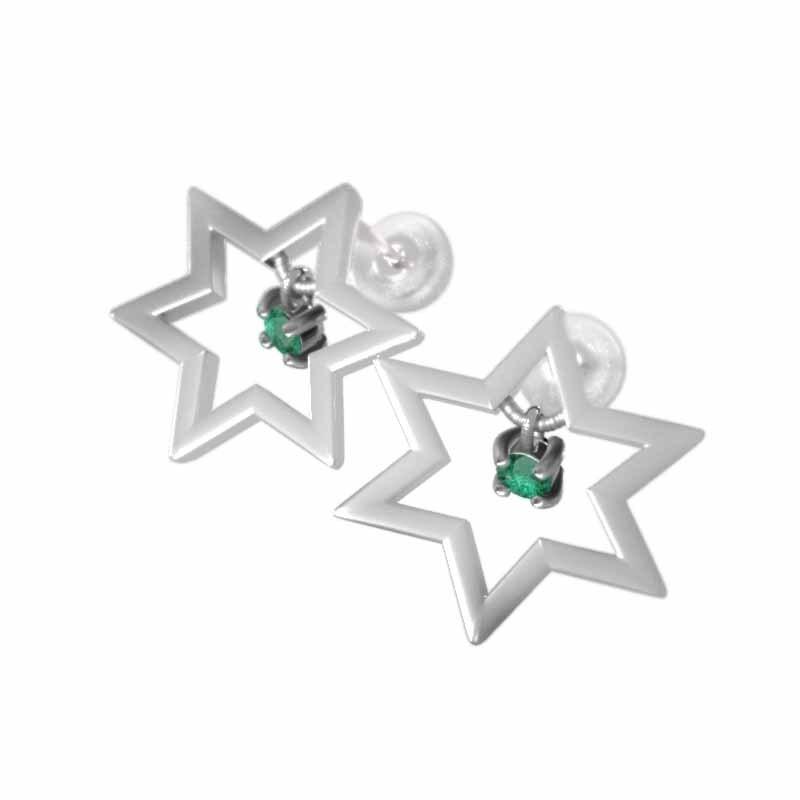 スター 5月の誕生石 エメラルド ピアス 六芒星 k18ホワイトゴールド 中サイズ 一粒石の画像