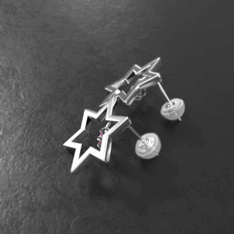 中サイズ 9月誕生石 六芒星 ピアス ピンクサファイア スター 一粒石 k18ホワイトゴールドの画像