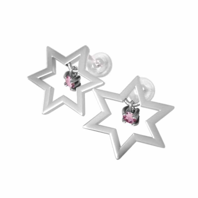 六芒星 一粒石 スター ジュエリーピアス 18金ホワイトゴールド ピンクトルマリン 10月の誕生石 中サイズの画像
