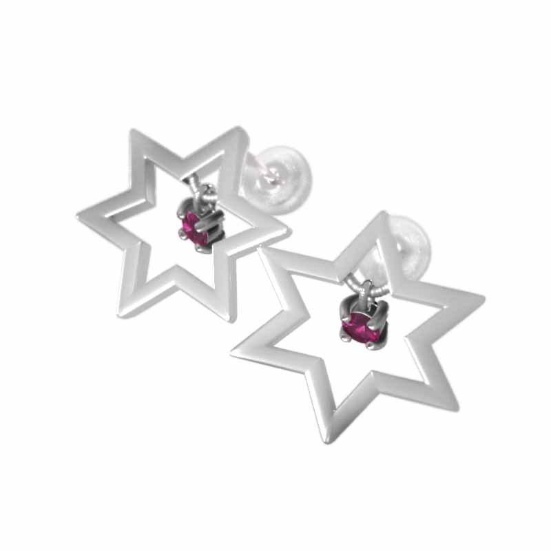 ジュエリーピアス 六芒星 ホワイトゴールドk18 ルビー 一粒石 中サイズ スター 7月の誕生石の画像