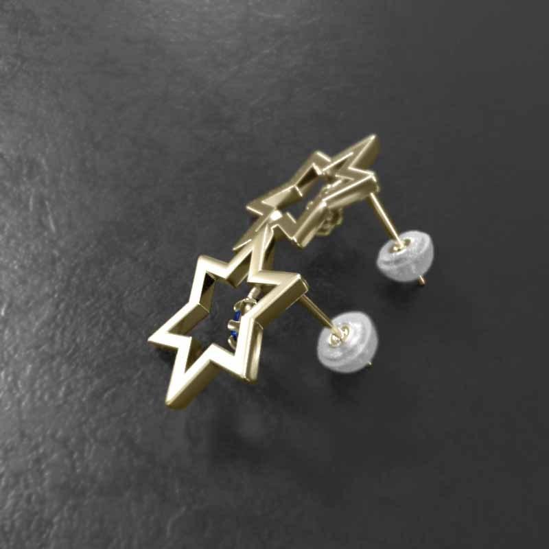 ジュエリーピアス 9月誕生石 スター k18イエローゴールド ブルーサファイア 一粒石 中サイズ 六芒星の画像