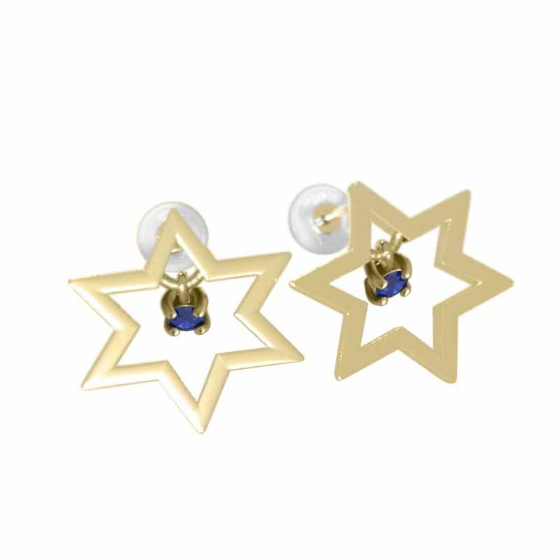 ジュエリーピアス 9月誕生石 スター k18イエローゴールド ブルーサファイア 一粒石 中サイズ 六芒星の画像