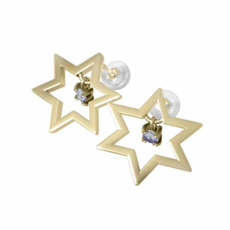 ペアピアス 一粒石 六芒星 タンザナイト k18イエローゴールド キャッチ付き 中サイズ