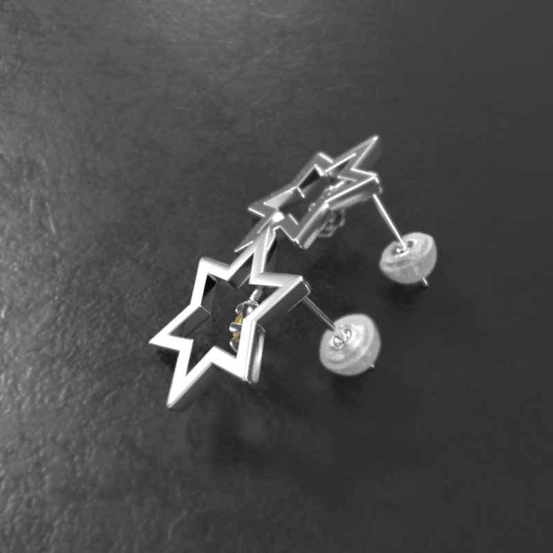 プラチナ900 六芒星 シトリン(黄水晶) 一粒石 ジュエリーピアス スター 中サイズ 11月の誕生石の画像