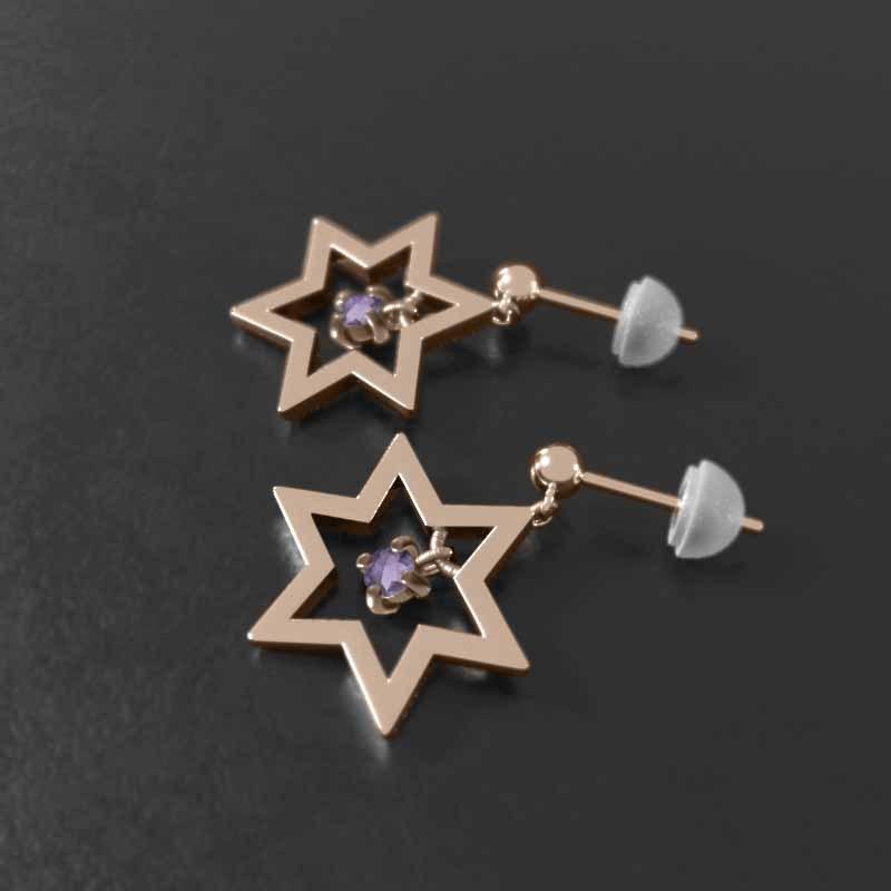 アメジスト(紫水晶) スター 六芒星 ジュエリーピアス 一粒石 中サイズ ピンクゴールドk18 2月の誕生石の画像