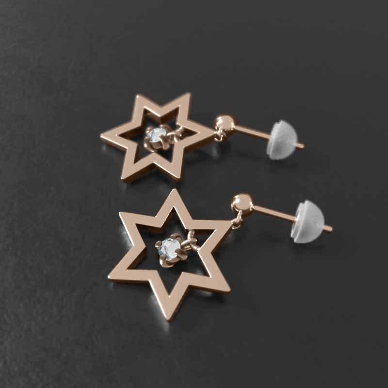 ジュエリーピアス 18金ピンクゴールド アクアマリン 3月誕生石 中サイズ スター 六芒星 一粒石の画像