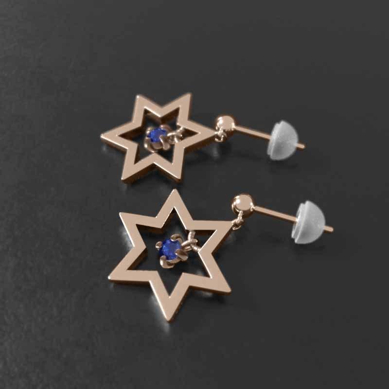 ピアス 一粒石 スター 六芒星 18金ピンクゴールド 9月の誕生石 サファイア(青) 中サイズの画像
