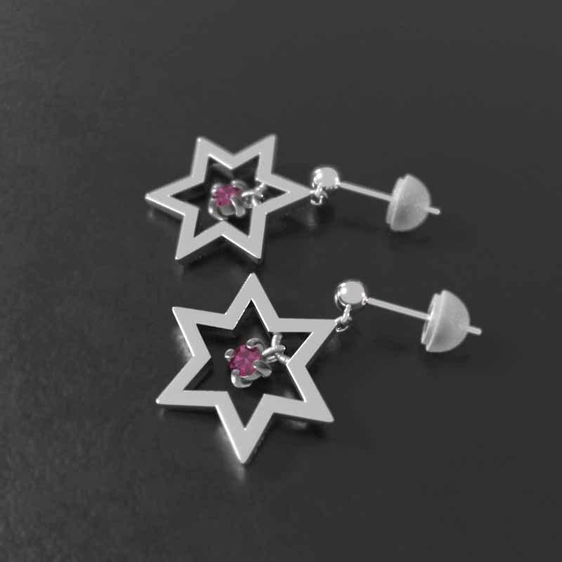スター ルビー 7月の誕生石 ジュエリーピアス 六芒星 k18ホワイトゴールド 中サイズ 一粒石の画像