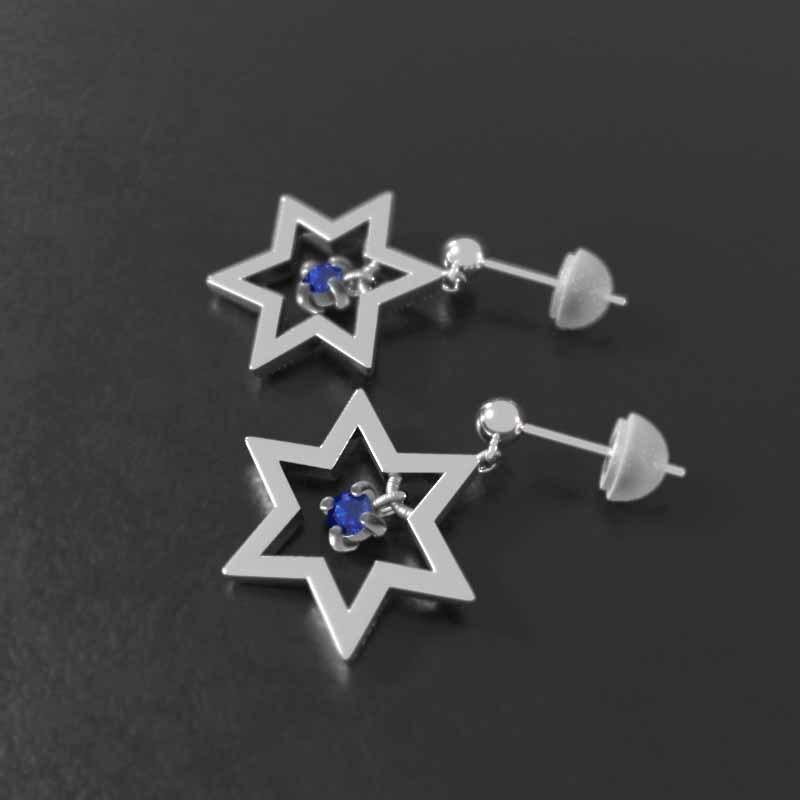 一粒石 9月の誕生石 六芒星 中サイズ スター サファイア ジュエリーピアス k18ホワイトゴールドの画像