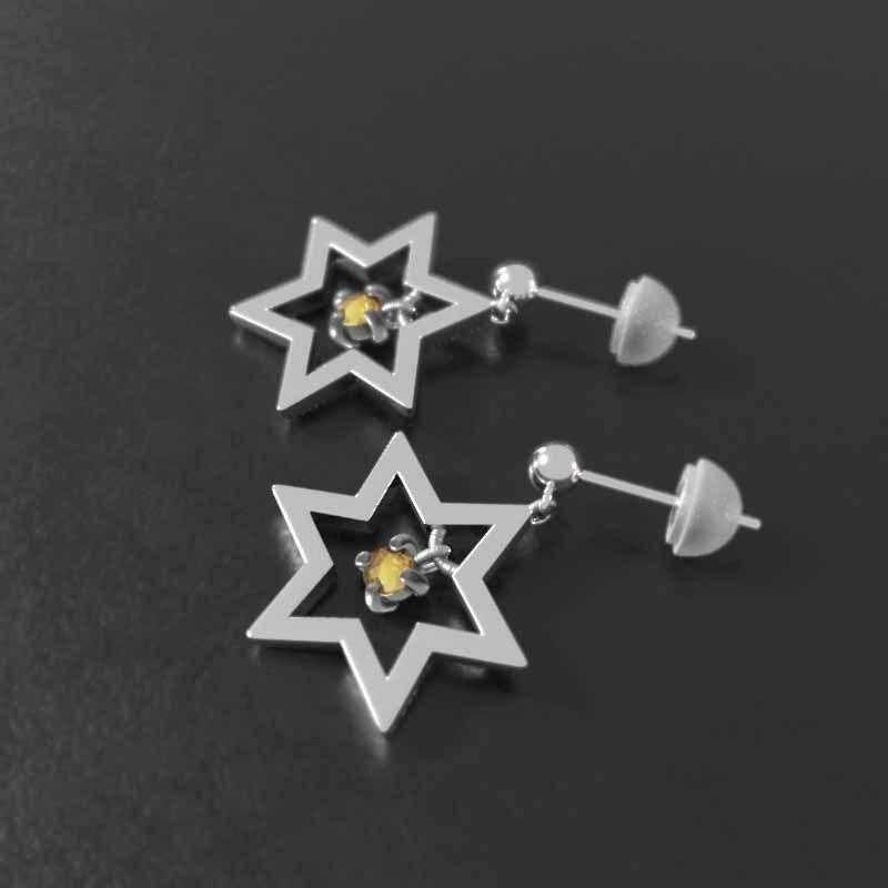 六芒星 中サイズ (黄水晶)シトリン 11月誕生石 k18ホワイトゴールド 一粒石 ピアス スターの画像