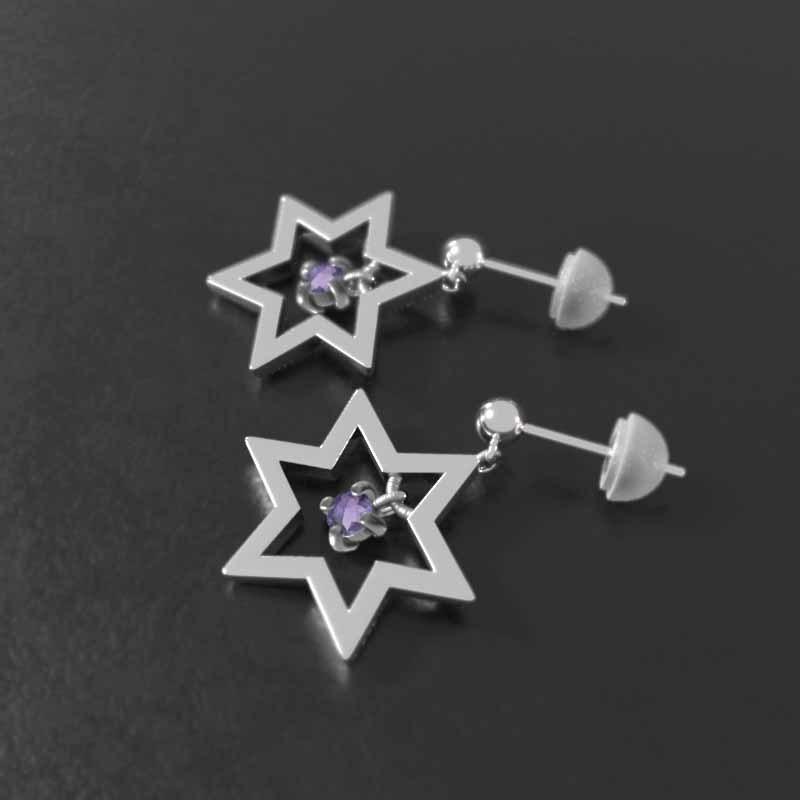 一粒石 Pt900 六芒星 アメジスト(紫水晶) 中サイズ 2月誕生石 ピアス スターの画像