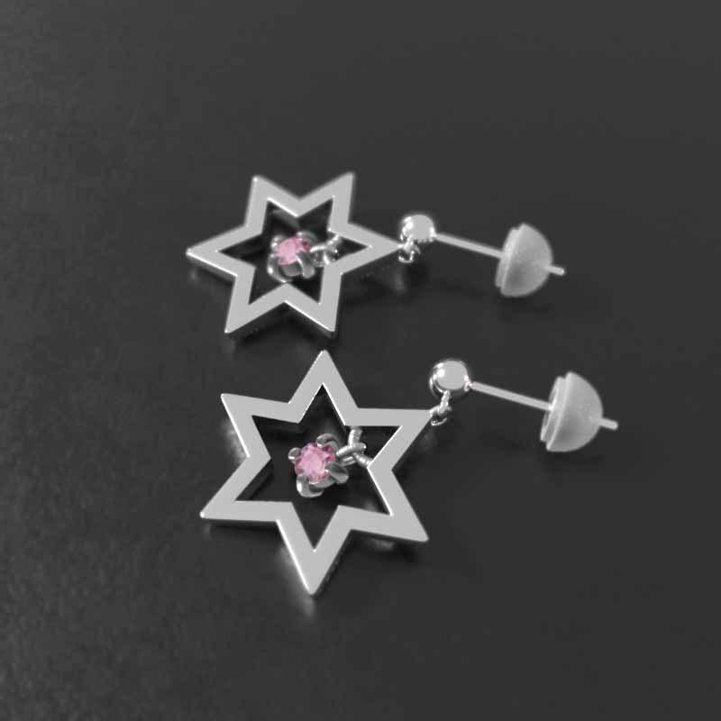 10月誕生石 プラチナ900 六芒星 スター ジュエリーピアス ピンクトルマリン 中サイズ 一粒石の画像