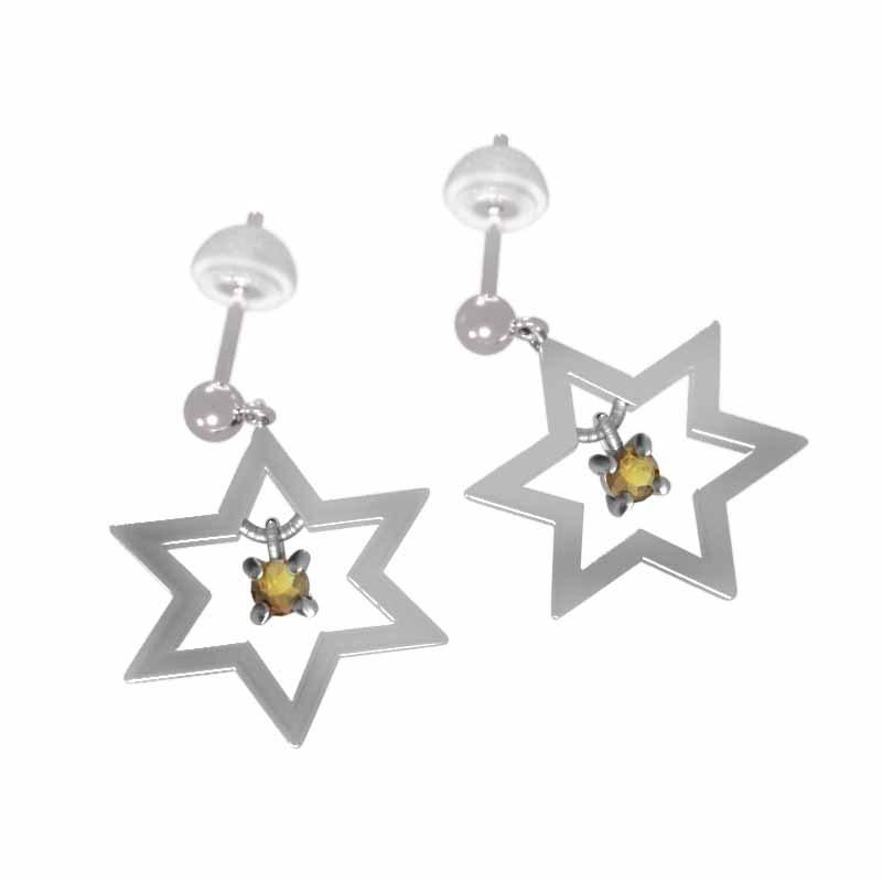 白金（プラチナ）900 ペア ピアス ヘキサグラム 一粒 11月誕生石 (黄水晶)シトリン キャッチ付き 中サイズ
