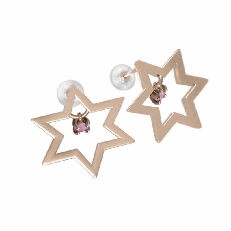 両耳 ピアス 一粒石 六芒星 ピンクトルマリン 18金ピンクゴールド  