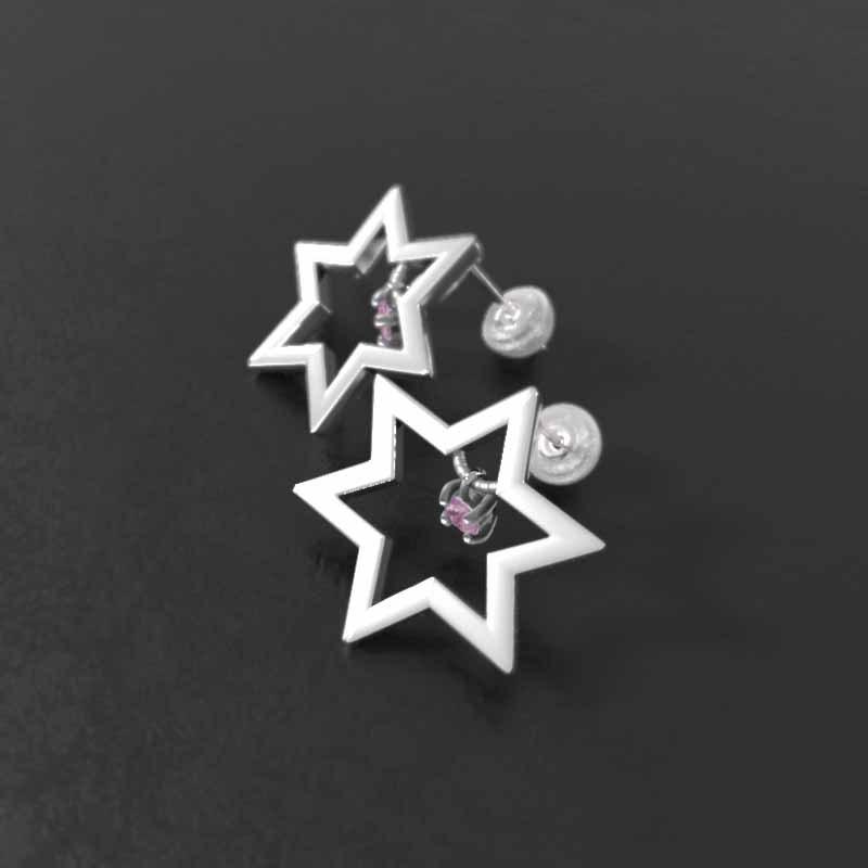 ピアス ホワイトゴールドk18 六芒星 スター 大サイズ 9月の誕生石 ピンクサファイア 一粒石の画像