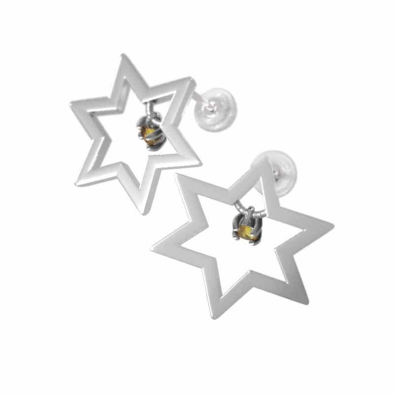 シトリン(黄水晶) 大サイズ 11月誕生石 一粒石 ジュエリーピアス k18ホワイトゴールド スター 六芒星の画像