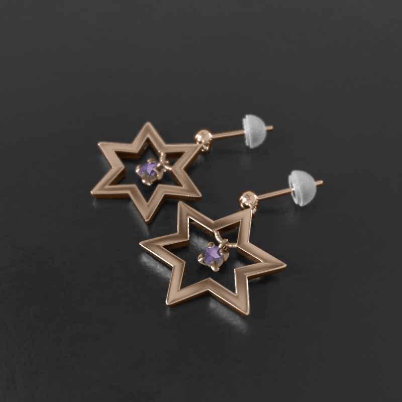 2月の誕生石 大サイズ スター アメジスト(紫水晶) 18金ピンクゴールド ピアス 一粒石 六芒星の画像