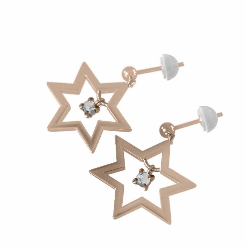 ピアス 一粒石 大サイズ 六芒星 k18ピンクゴールド スター 3月の誕生石 アクアマリンの画像