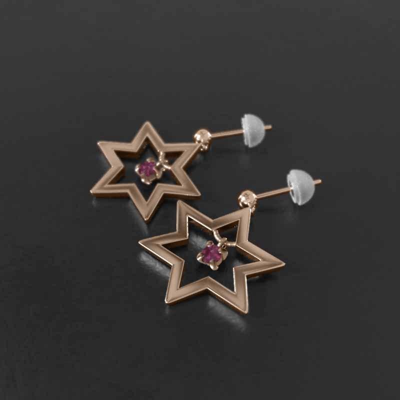 一粒石 7月の誕生石 六芒星 ピアス スター k18ピンクゴールド ルビー 大サイズの画像