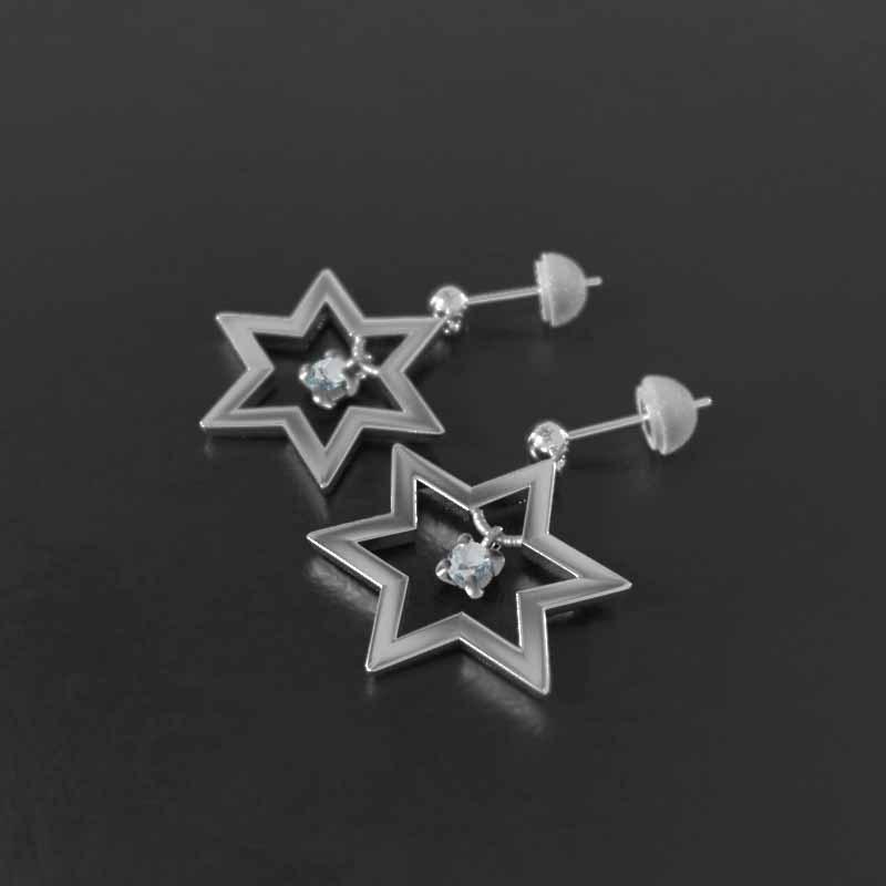 大サイズ 3月の誕生石 六芒星 アクアマリン ピアス 18金ホワイトゴールド スター 一粒石の画像