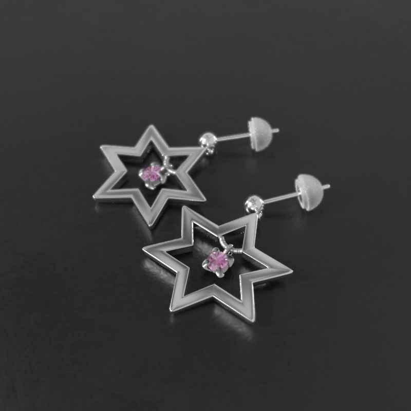 一粒石 9月の誕生石 ピアス ピンクサファイア ホワイトゴールドk18 スター 六芒星 大サイズの画像