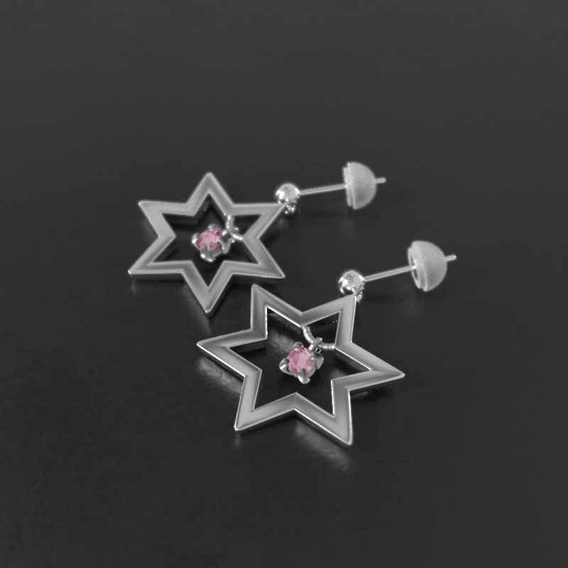 一粒石 10月の誕生石 ジュエリーピアス 大サイズ スター ピンクトルマリン 六芒星 k18ホワイトゴールドの画像