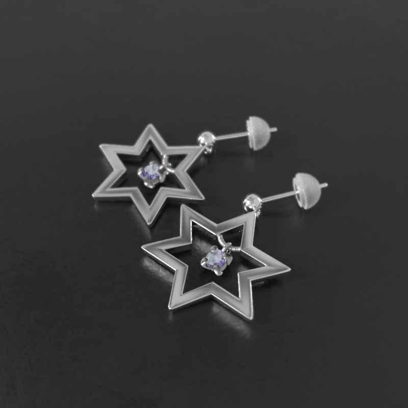 一粒石 六芒星 ピアス スター タンザナイト 18金ホワイトゴールド 12月誕生石 大サイズの画像
