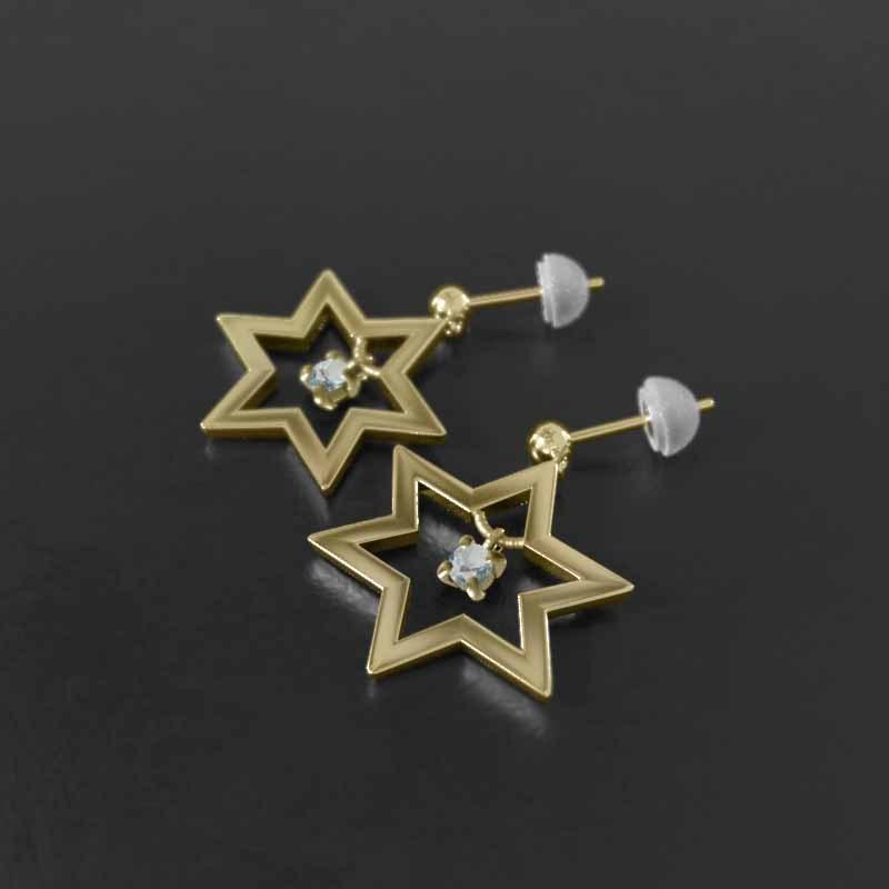 大サイズ ピアス 六芒星 k18 3月の誕生石 スター 一粒石 アクアマリンの画像
