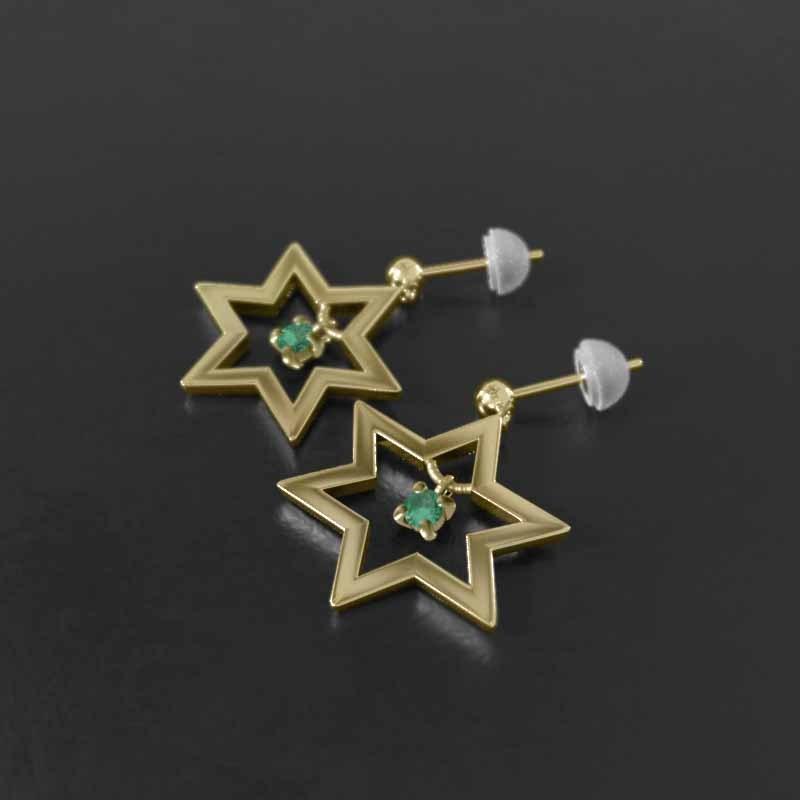 5月誕生石 ジュエリーピアス エメラルド スター 六芒星 一粒石 k18 大サイズの画像