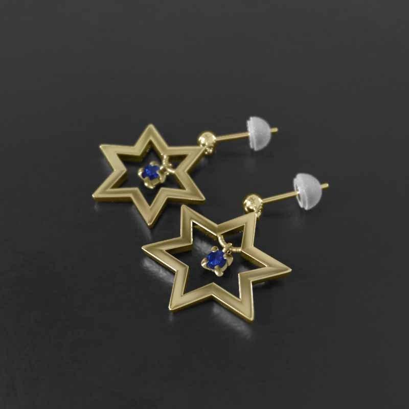 スター 六芒星 9月誕生石 ジュエリーピアス k18イエローゴールド サファイア 一粒石 大サイズの画像