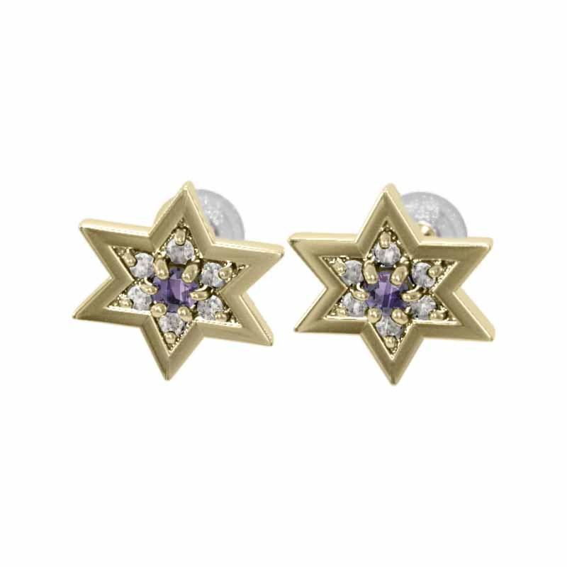 スター 六芒星 ピアス 2月の誕生石 アメシスト(紫水晶) 18金イエローゴールド 小サイズの画像