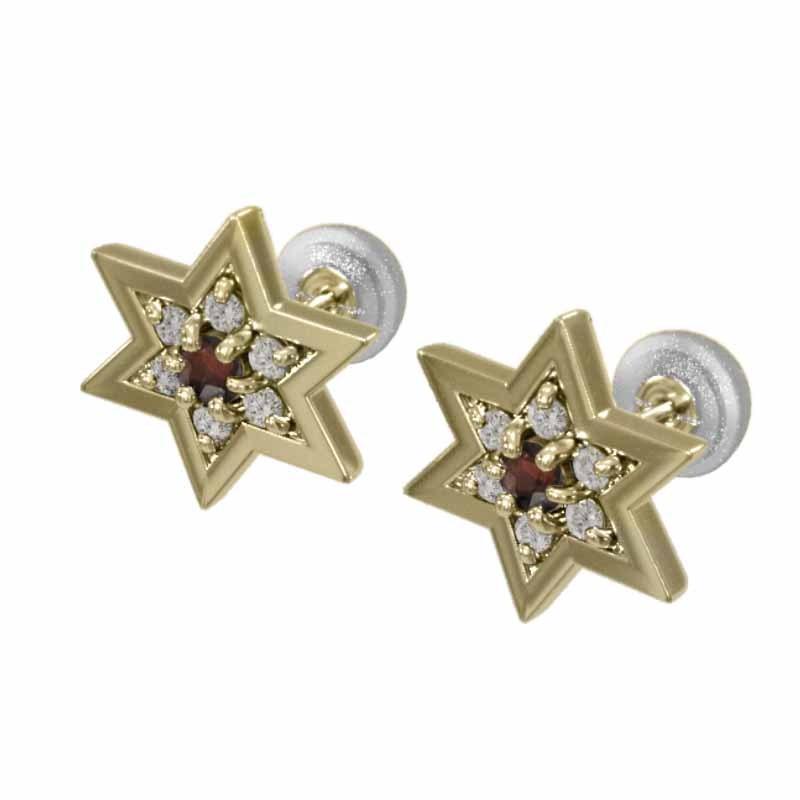 ペアピアス 六芒星 ガーネット 天然ダイヤモンド k18イエローゴールド キャッチ付き 小サイズ