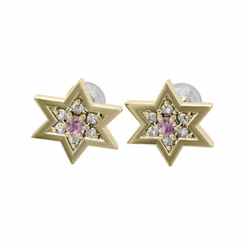 ピンクサファイヤ スター 小サイズ 9月の誕生石 ジュエリーピアス 18金イエローゴールド 六芒星の画像