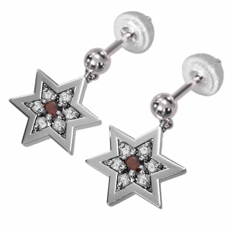 六芒星 1月の誕生石 ガーネット ジュエリーピアス k18ホワイトゴールド 小サイズ スターの画像