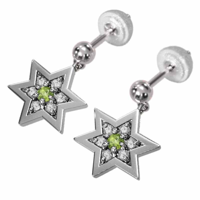 小サイズ スター 8月誕生石 六芒星 ジュエリーピアス ペリドット k18ホワイトゴールドの画像