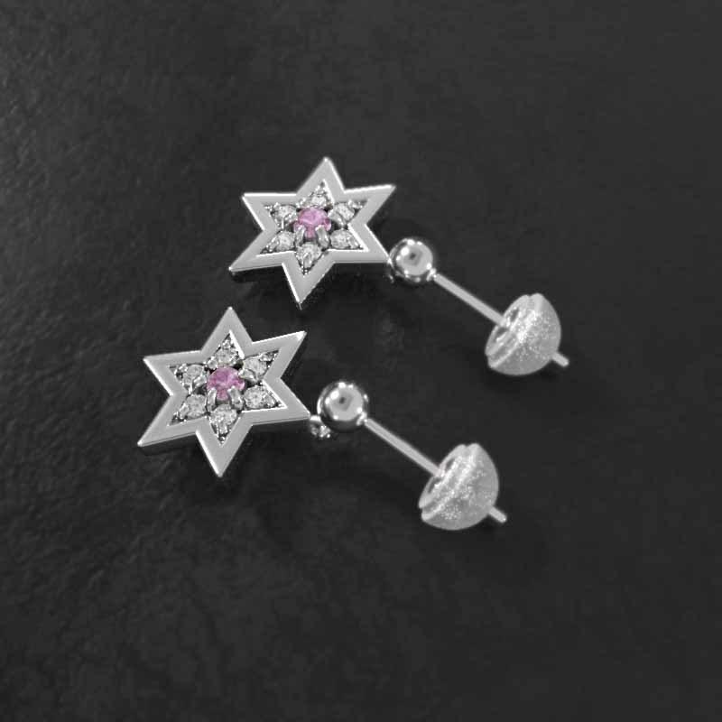 ジュエリーピアス スター 9月の誕生石 ピンクサファイア 六芒星 k18ホワイトゴールド 小サイズの画像