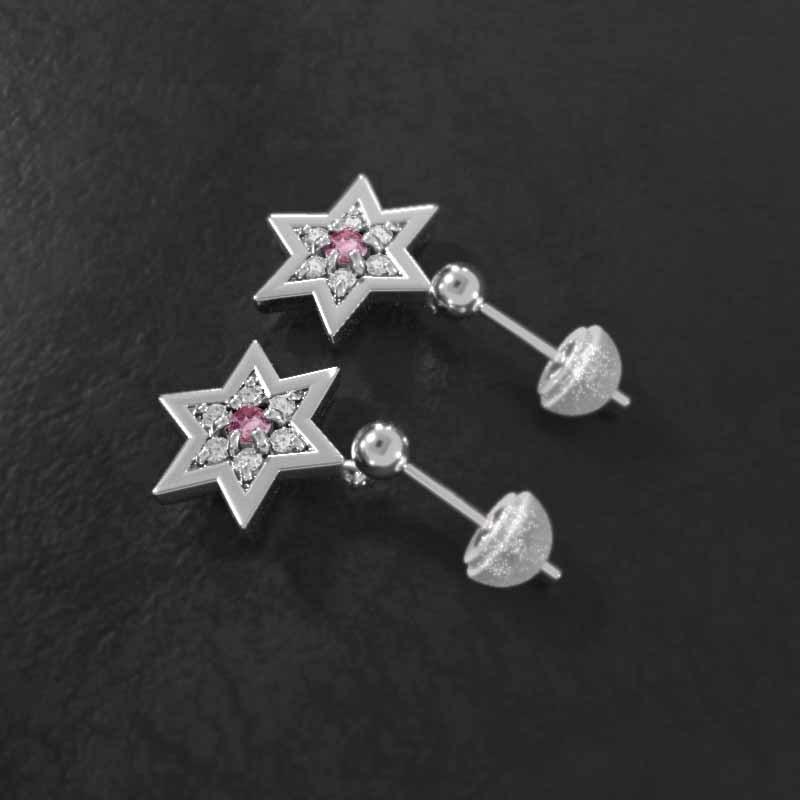 六芒星 ピンクトルマリン 小サイズ スター ジュエリーピアス 10月の誕生石 ホワイトゴールドk18の画像