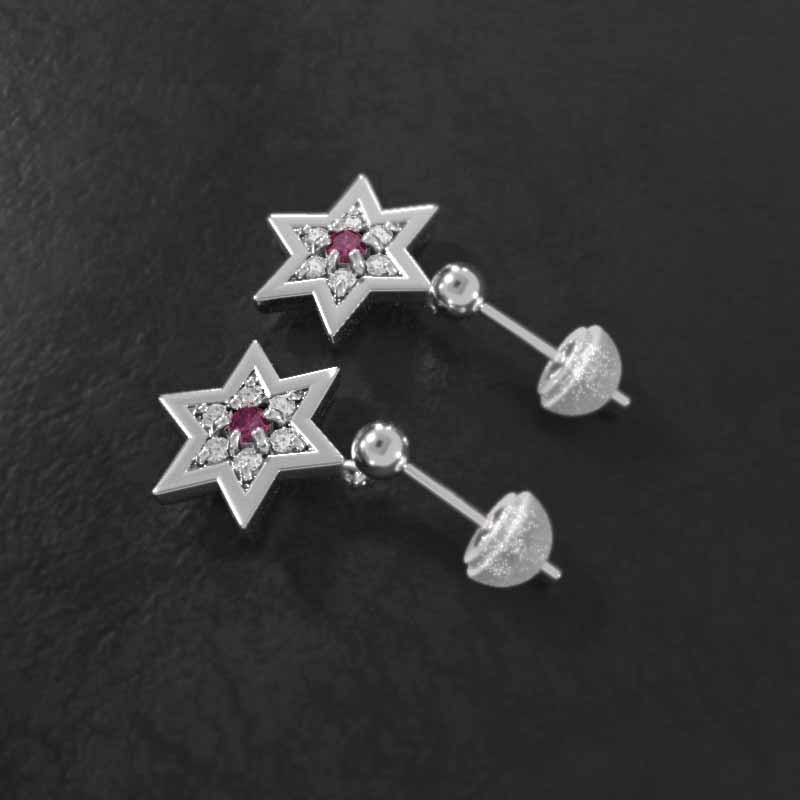スター ルビー 六芒星 ピアス 小サイズ 7月誕生石 18金ホワイトゴールドの画像