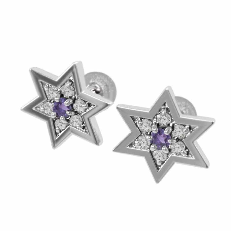 アメジスト 天然ダイヤモンド ペアピアス 六芒星 k18ホワイトゴールド キャッチ付き 中サイズ